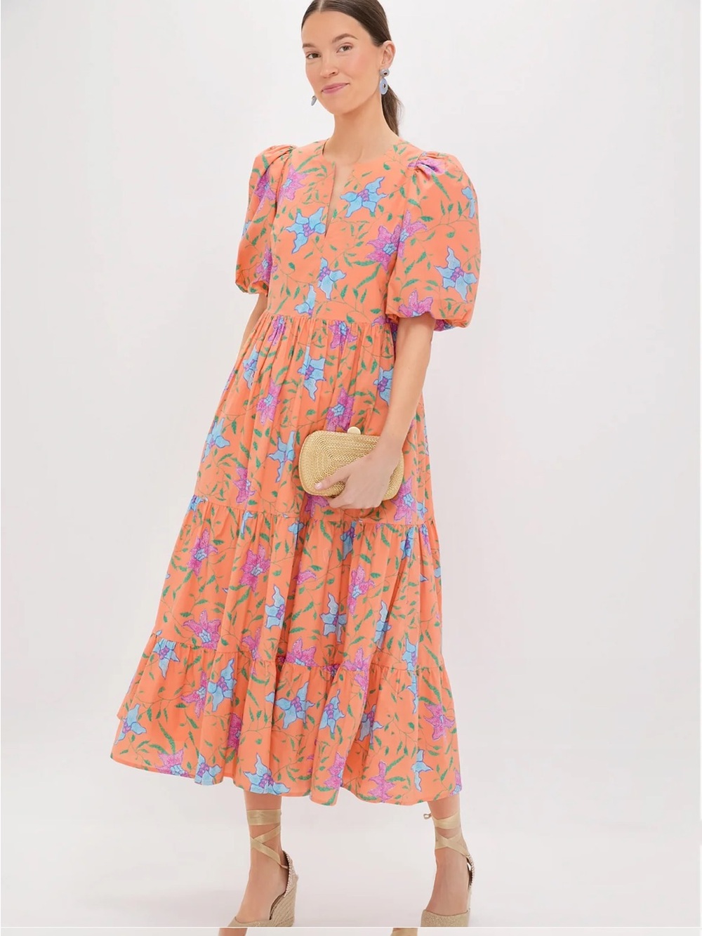 Floral Puff-Sleeve Midi Dress in Coral
